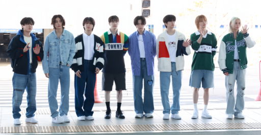 Stray Kids members walking through Incheon Airport on May 3, 2024, wearing casual outfits