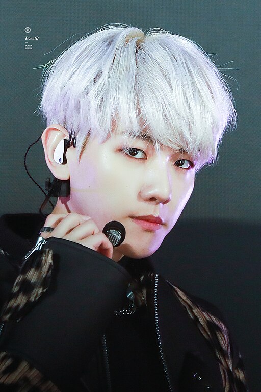 Baekhyun with silver hair during a live performance