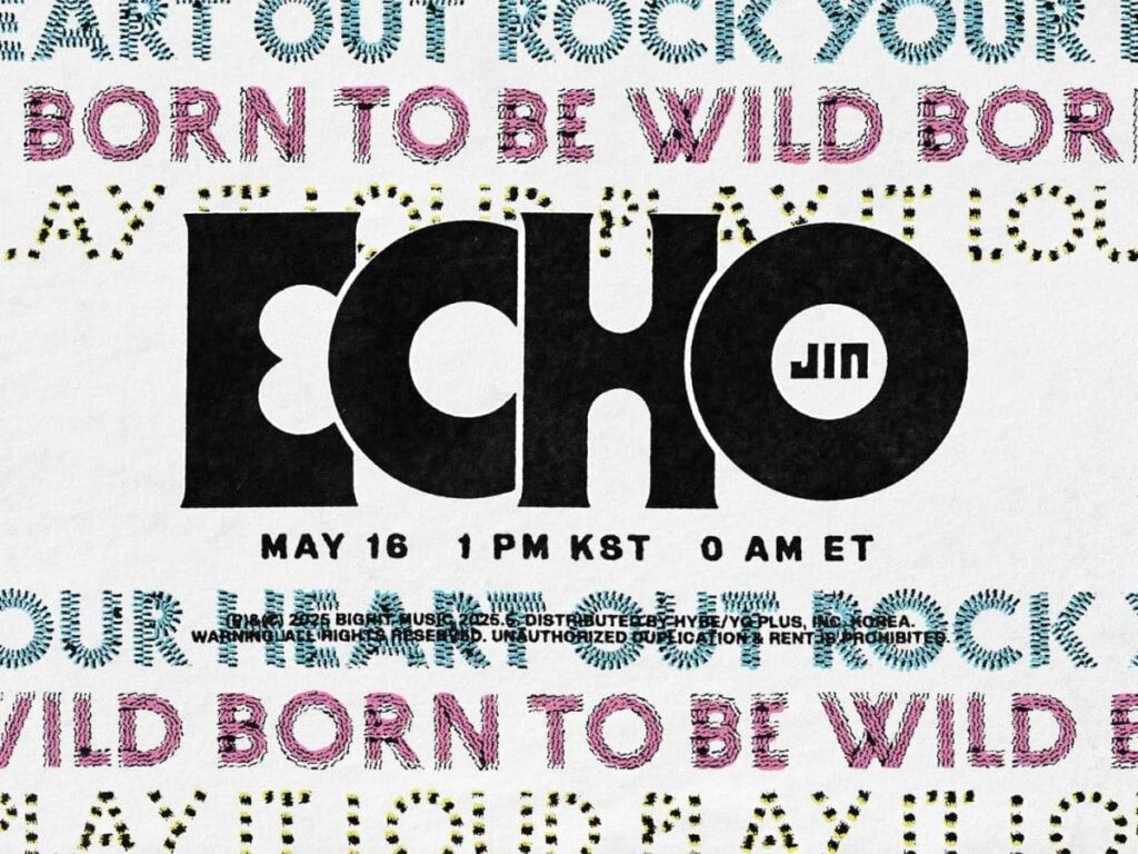 "Promotional poster for BTS Jin's single 'ECHO', featuring bold black typography over stitched colorful text background. Release date: May 16, 2025."