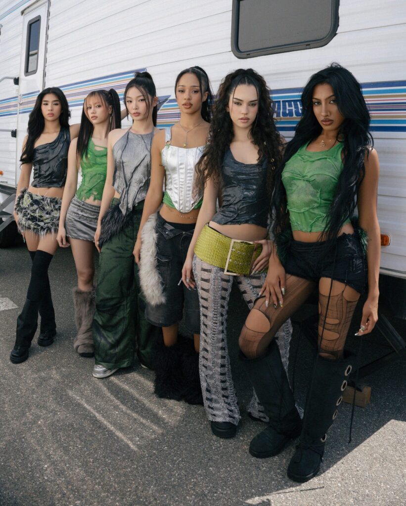 KATSEYE members backstage at the 2025 Kids’ Choice Awards in stylish green-and-black outfits