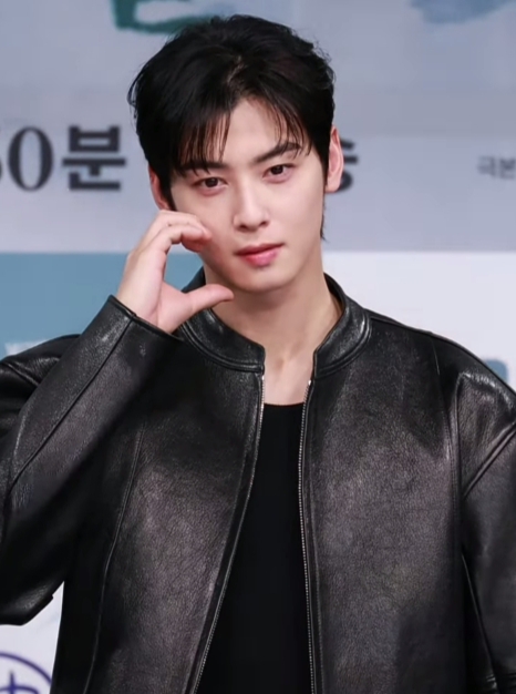 Cha Eun-woo posing at a public event in 2024, wearing a dark suit and smiling confidently.