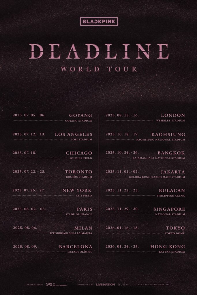 BLACKPINK’s 2025–2026 ‘DEADLINE’ World Tour schedule poster featuring global stadium dates
