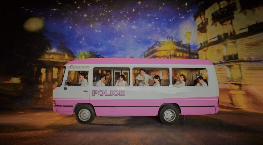 BTS members in a pink-and-white concept van for ‘Permission to Dance On Stage – LIVE’ concept photo (Contact ver.)